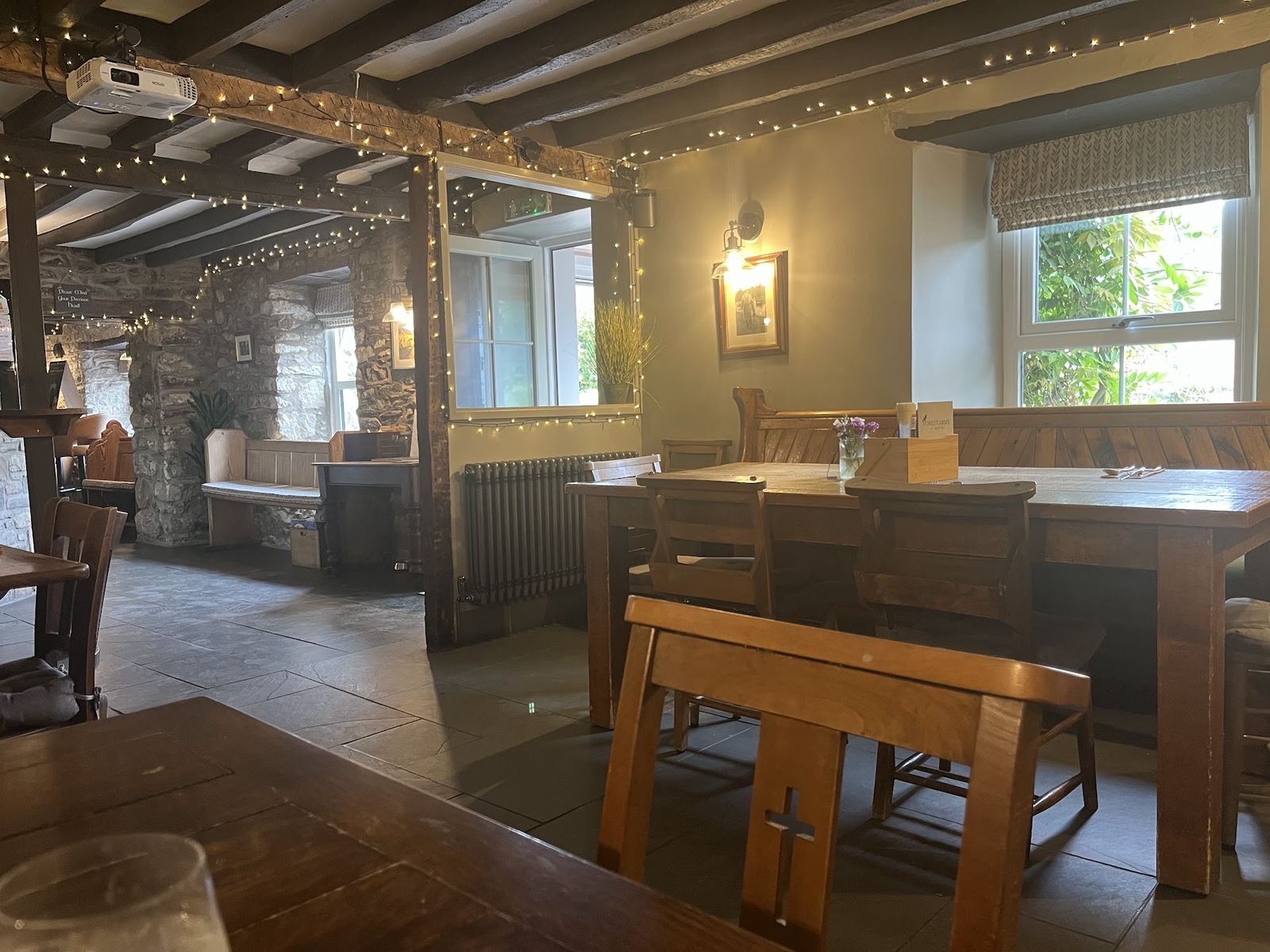The bar and beams at The Forest Arms, Brechfa